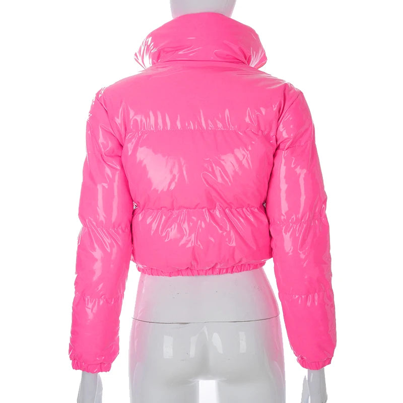 Women's Y2K PU Glossy Jacket with Standing Collar