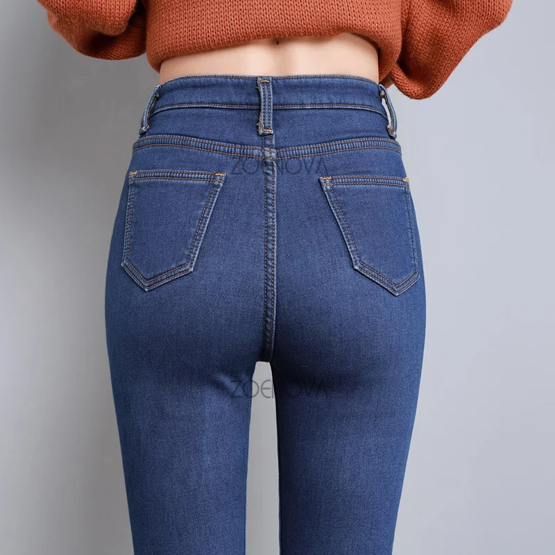 ZOENOVA  Women Thick Velvet Jeans Fleece  Warm Korean Fashion High Waist Skinny Elastic Pants Jean Casual Legging Winter 2023