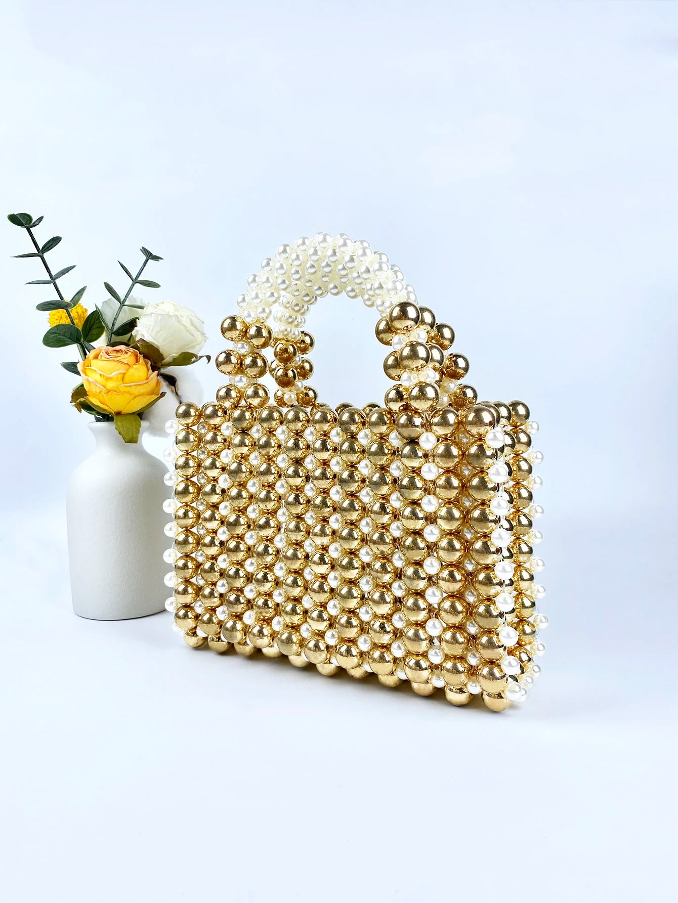 Mobile Phone Bag: Gold Beads, Acrylic Handheld, Beaded Handmade, Casual Dinner