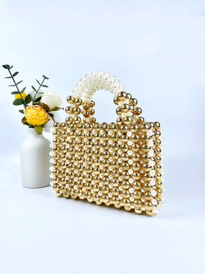 Mobile Phone Bag: Gold Beads, Acrylic Handheld, Beaded Handmade, Casual Dinner