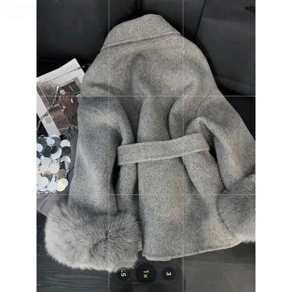 Women's Grey Wool Blend Overcoat with Faux Fur and Long Sleeves