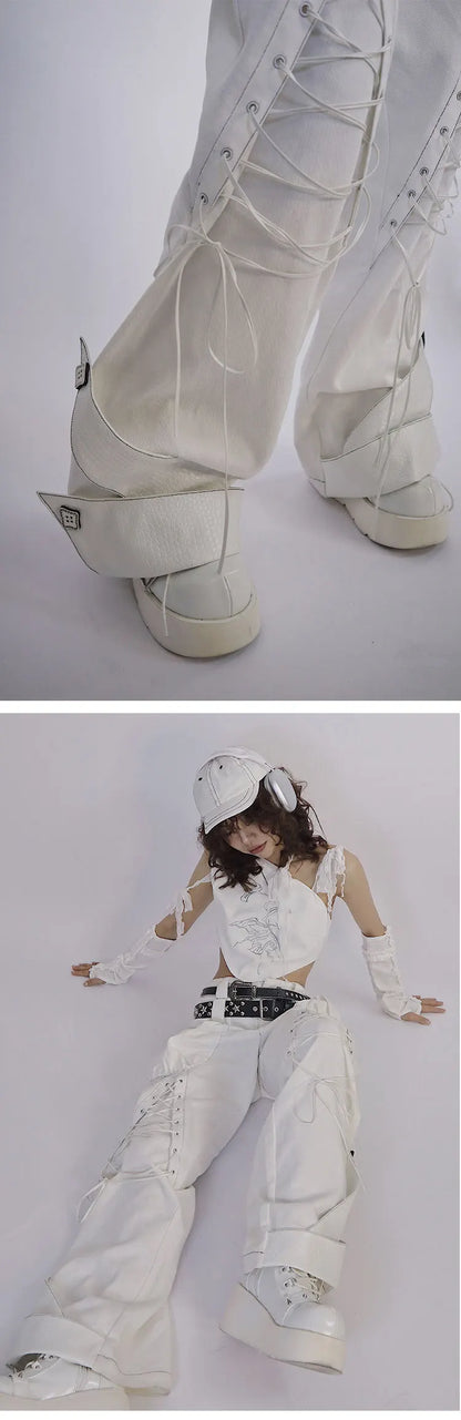 Y2K Low Waist White Jeans with Bandage Detail and Baggy Fit