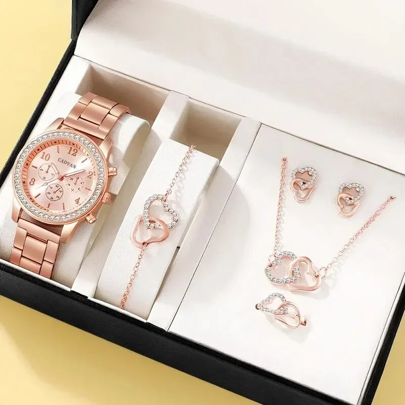 6st set Rose Gold Luxury Watch Dam Ring Halsband Örhänge Strass Mode Armbandsur Casual Dam Armband Klockor