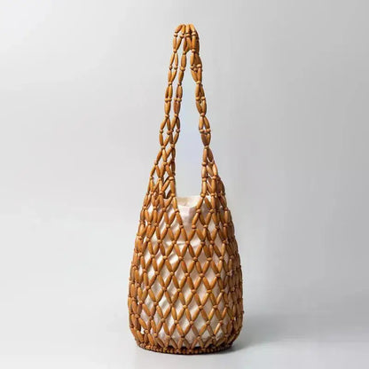 High Fashion Hollow-out Wooden Bead Woven Tote Bag / Female Shoulder Bag Reticulate Netted Canvas Handbag