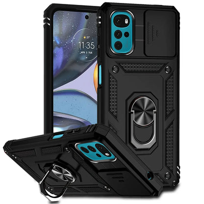 Armor Shockproof Case For Motorola: Ring Holder, Slide Window, Lens Protection Phone Cover