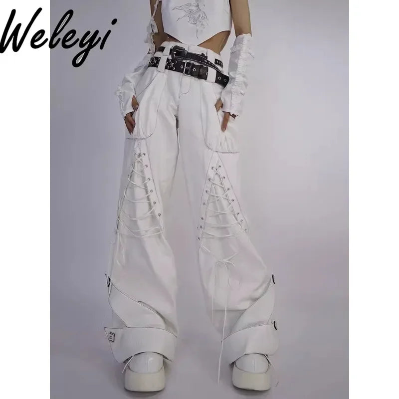 Y2K Low Waist White Jeans with Bandage Detail and Baggy Fit