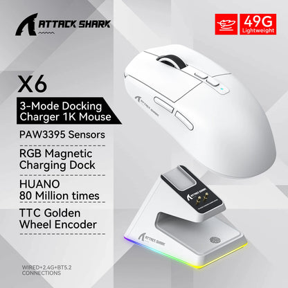 Shark X6 PAW3395 Bluetooth-mus, Tri-Mode Connection, RGB Touch Magnetic Charging Base