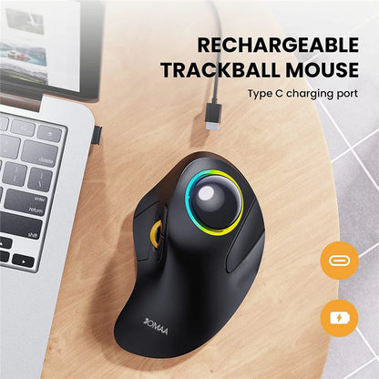 JOA RGB Bakgrundsbelyst trådlös Trackball-mus Trådlös 2.4G Uppladdningsbar Ergonomisk Rollerball-spelmus för bärbar dator Mac iPad-spel