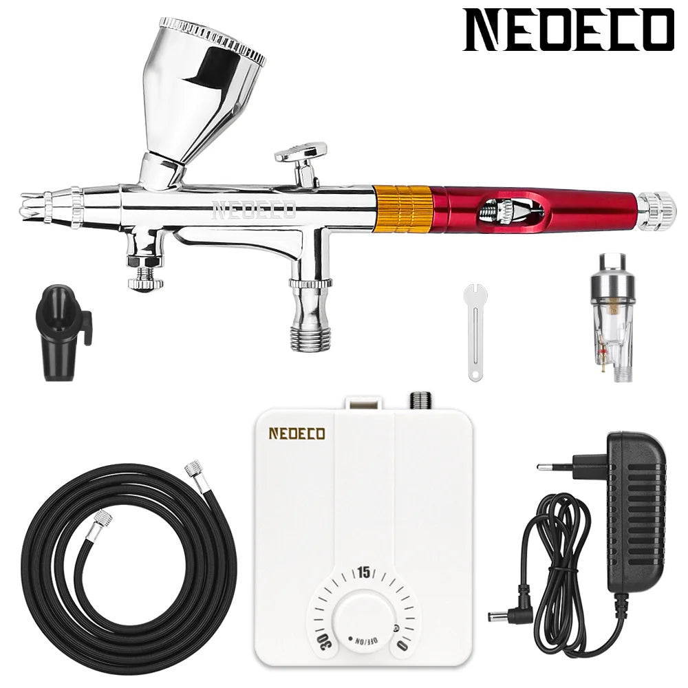 Dual-Action Airbrush with 30psi Auto Stop Compressor Kit Air Brush Spray Gun for Makeup Nail Paint Tattoo Body Cake Car Barber