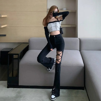 Flared Pants for Women Leggings Skinny Ripped Sexy Vintage Denim Women's Summer Trousers Bell Bottom Jeans Woman Black Trend Hot