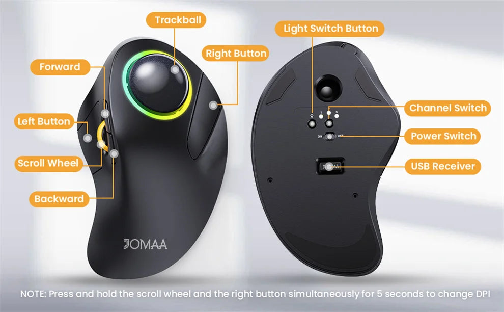 JOA RGB Bakgrundsbelyst trådlös Trackball-mus Trådlös 2.4G Uppladdningsbar Ergonomisk Rollerball-spelmus för bärbar dator Mac iPad-spel