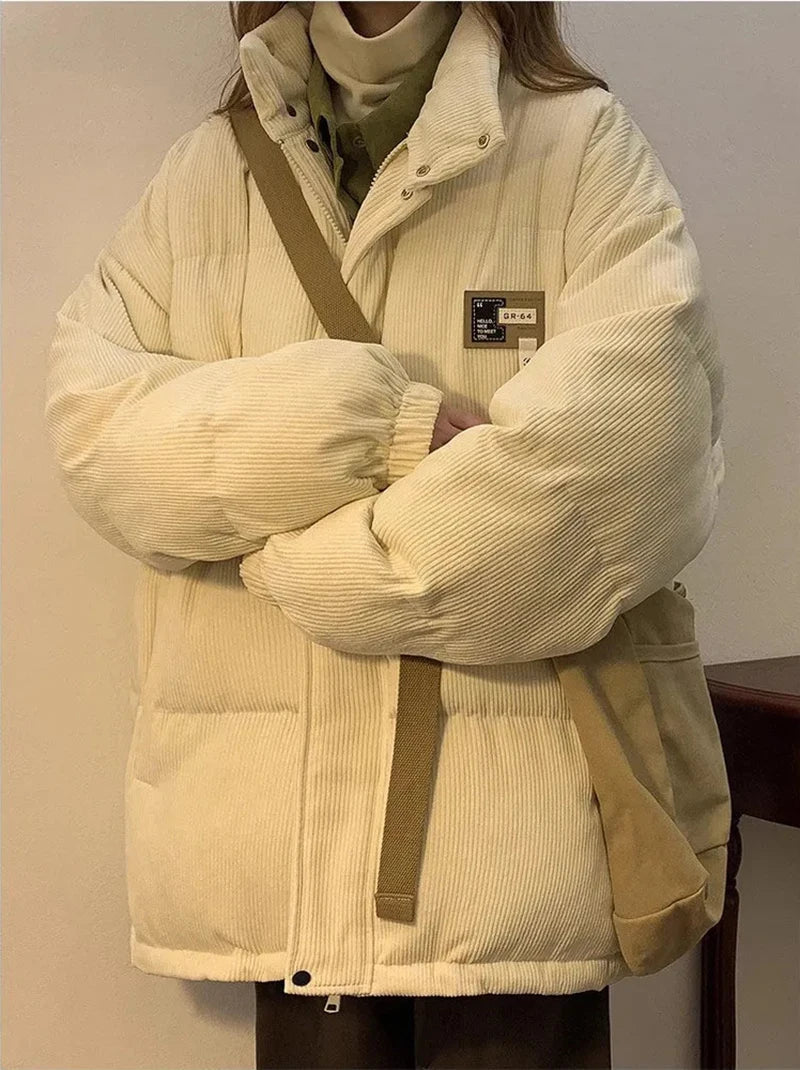 Oversized Corduroy Puffer Coat with Pockets Warm and Retro Y2K Style