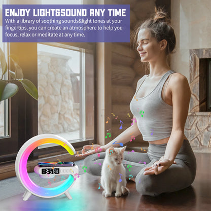 LED Smart Wake-Up Light med RGB nattlampa – trådlös högtalare, 15 W uppladdningsbar skrivbordslampa för sovrum, säng och spelrum