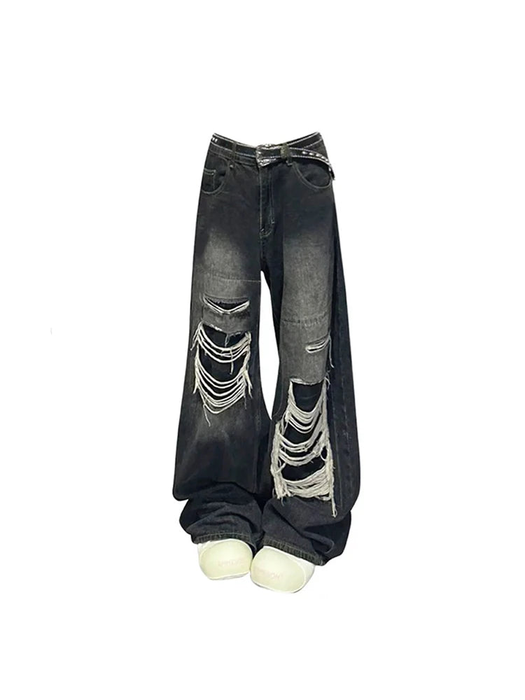 Black Baggy Ripped Jeans Gothic Y2K Aesthetic Vintage Style