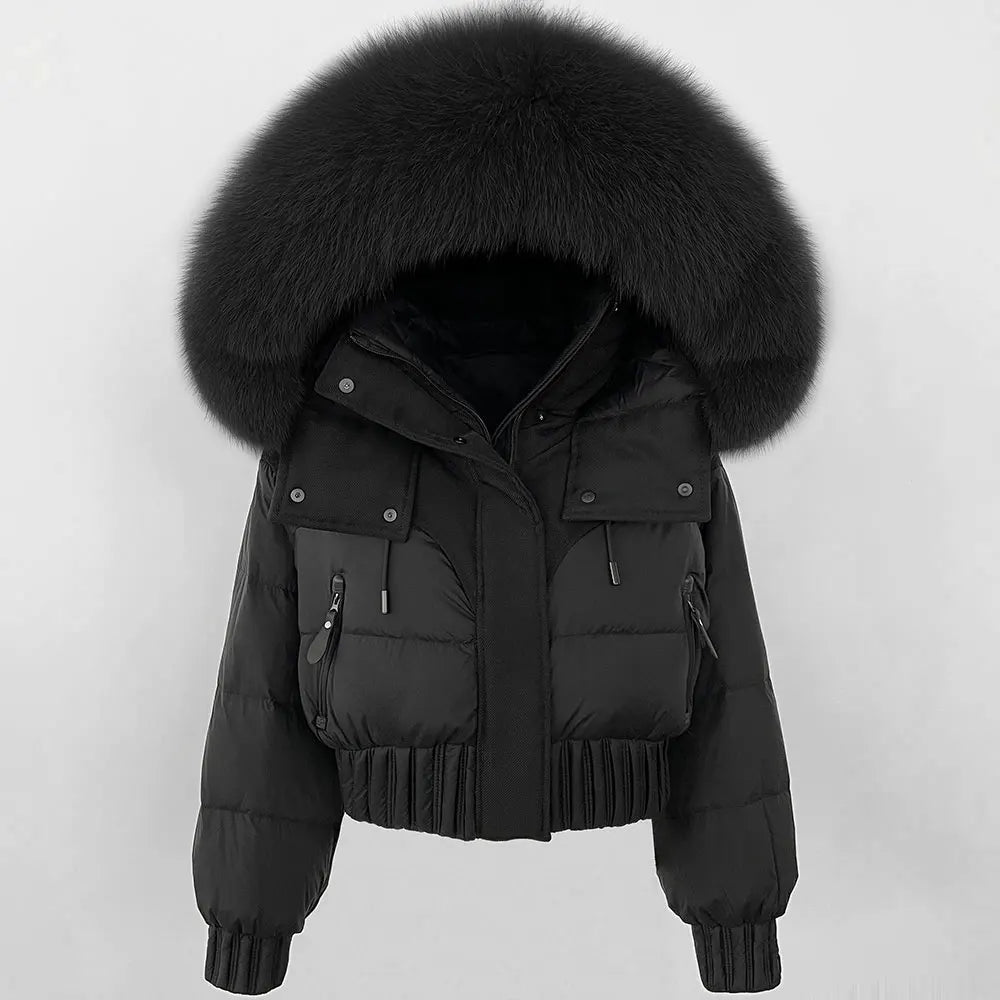 Short Hooded Down Coat with Real Raccoon Fox Fur Collar Warm and Casual