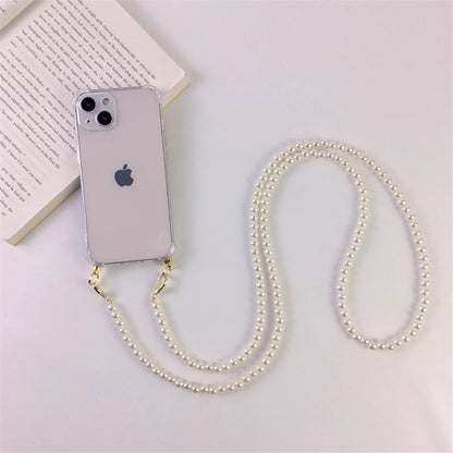 Lyxigt koreanskt Crossbody Pearl Chain telefonfodral med transparent skal och rem för iPhone