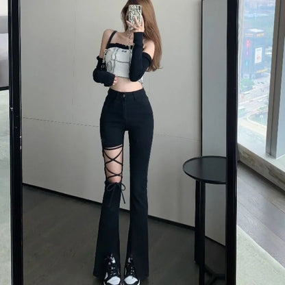 Flared Pants for Women Leggings Skinny Ripped Sexy Vintage Denim Women's Summer Trousers Bell Bottom Jeans Woman Black Trend Hot