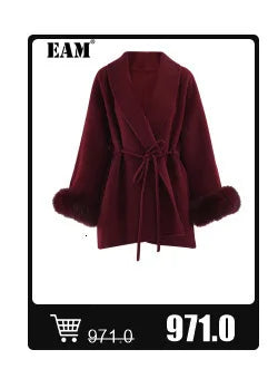 Wine Red Woolen Coat with Fur Cuffs and Belted Design