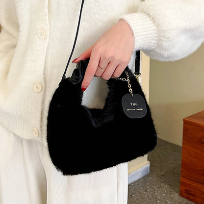 Faux Fur Plush Handbags: Ruched Handle, Small Lady Crossbody, Casual Half-Moon Hobos