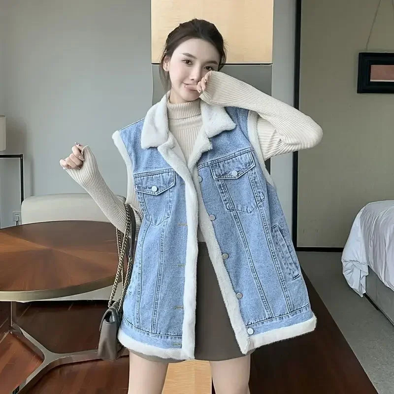 Women's Korean Style Fleece Lined Denim Jacket with Cotton Filling