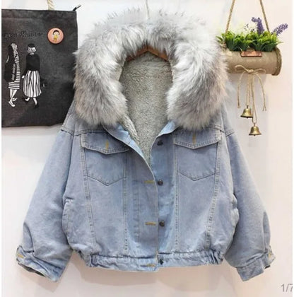 Loose Fit Denim Jacket with Thick Fleece and Lamb Wool Lining