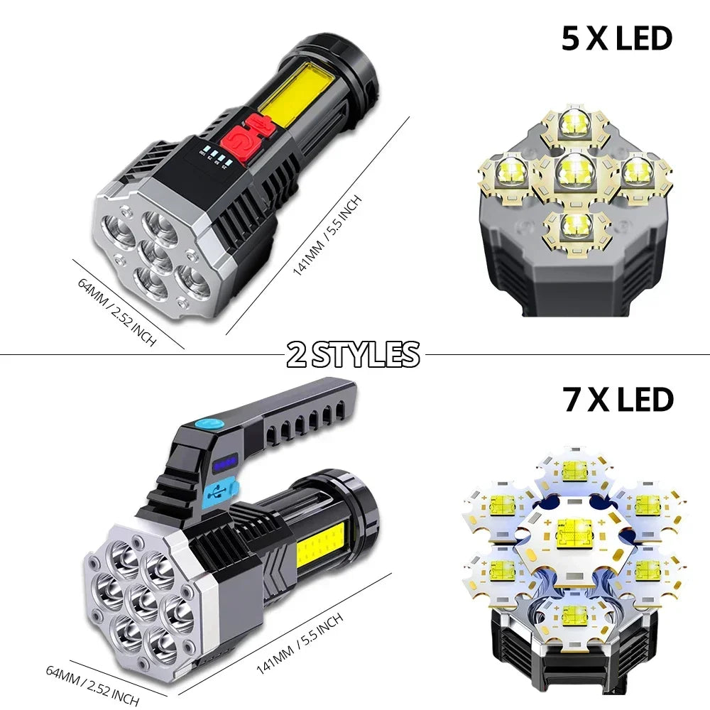 Högeffekts uppladdningsbara led ficklampor 7LED campingfackla med sidoljus Lättvikts utomhusbelysning ABS-material