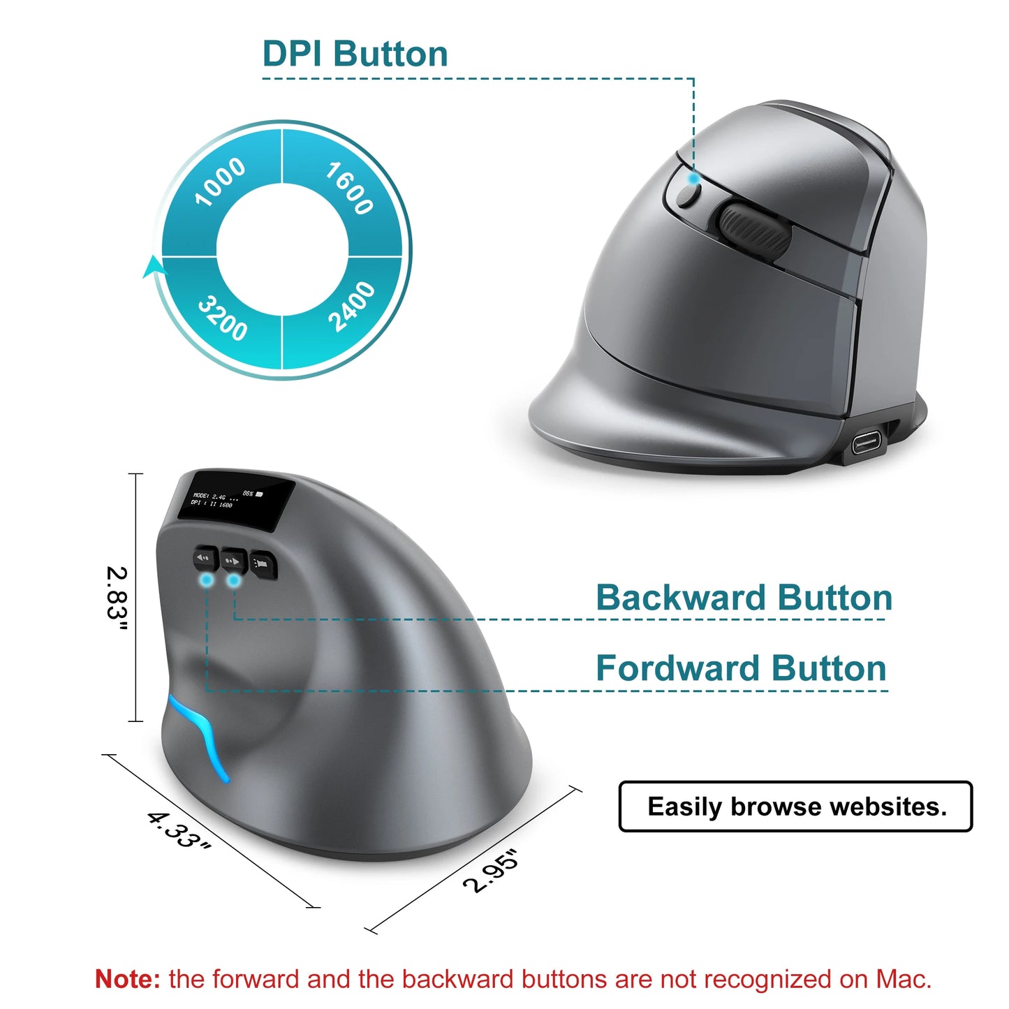 Vänster Bluetooth vertikal mus trådlösa ergonomiska möss med OLED-skärm RGB USB Optisk uppladdningsbar mus för PC-spel för bärbar dator