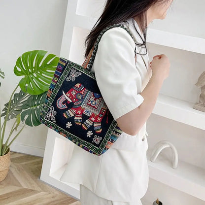 Animal Ethnic Style Handbag Trendy Peacock Embroidery Elephant Handbag Rabbit Canvas Women Shoulder Bags Women