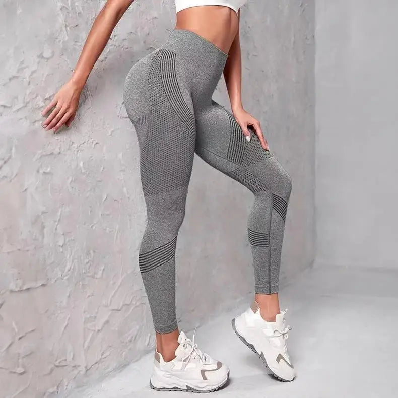 Women's High Waist Fitness Leggings with Striped Mesh