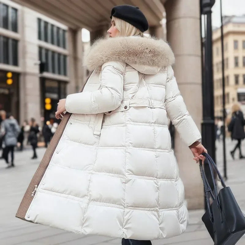 Lång parkas med luva och pälskrage Varm och avslappnad