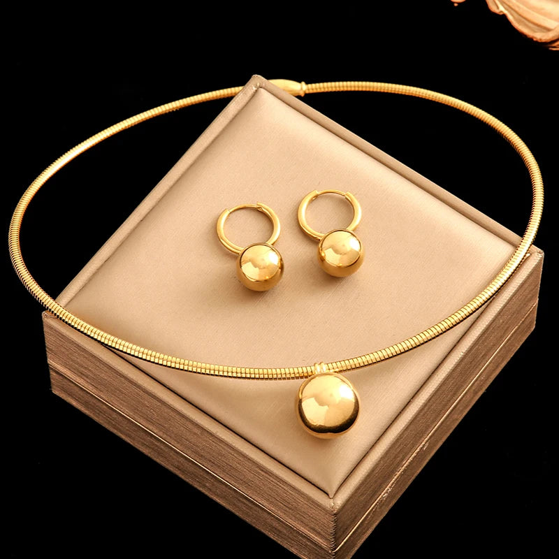 EILIECK 316L Stainless Steel 18K Gold Plated Bead Pendant Necklace Earrings Jewelry Set For Women Waterproof Fashion Jewelry