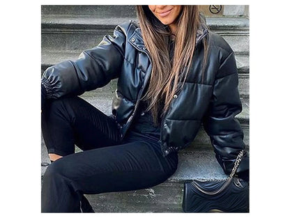 Women's Black PU Leather Cropped Puffer Jacket with Zipper