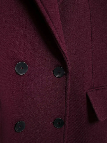 Elegant Burgundy Woolen Coat with Turn Down Collar and Double Breasted Design