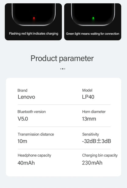 Original Lenovo lp40 Bluetooth-hörlurar 5.0 uppslukande ljud HIFI TWS med mikrofonpekkontroll för lång väntetid Rörelse