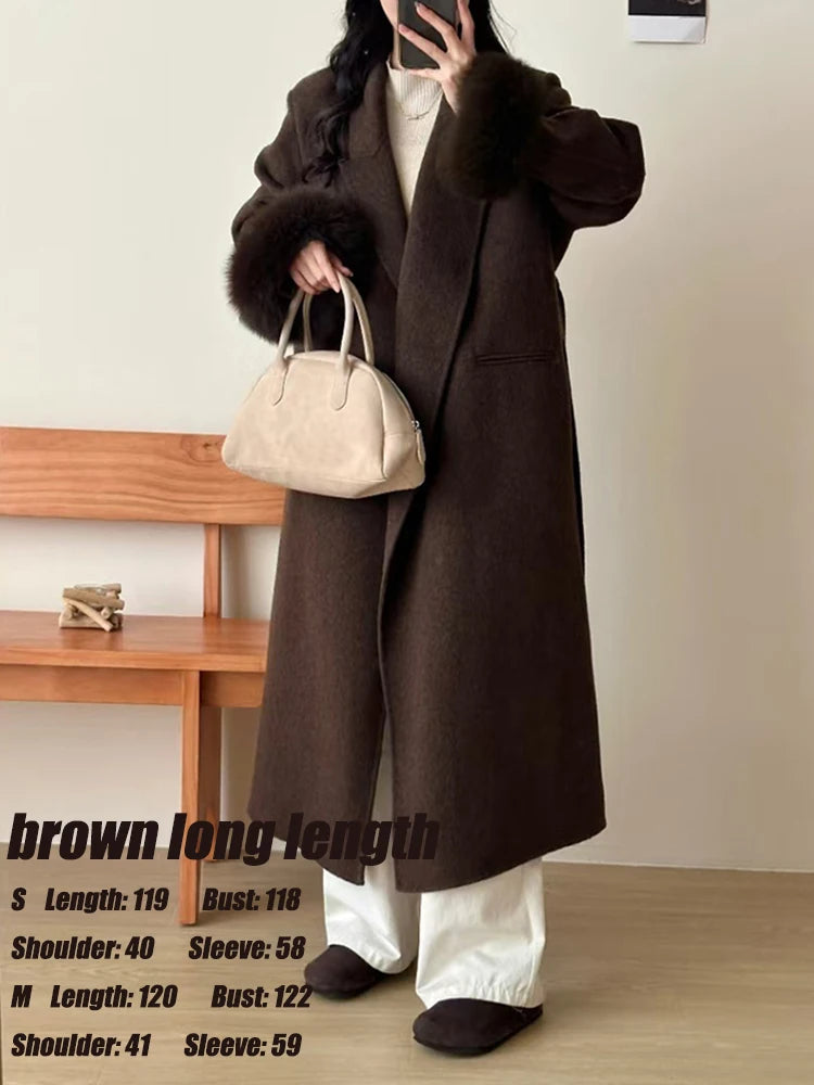 Wine Red Woolen Coat with Fur Cuffs and Belted Design