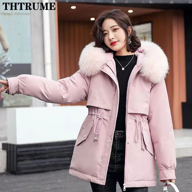 Hooded Parka with Fur Collar and Thick Liner Casual and Fashionable