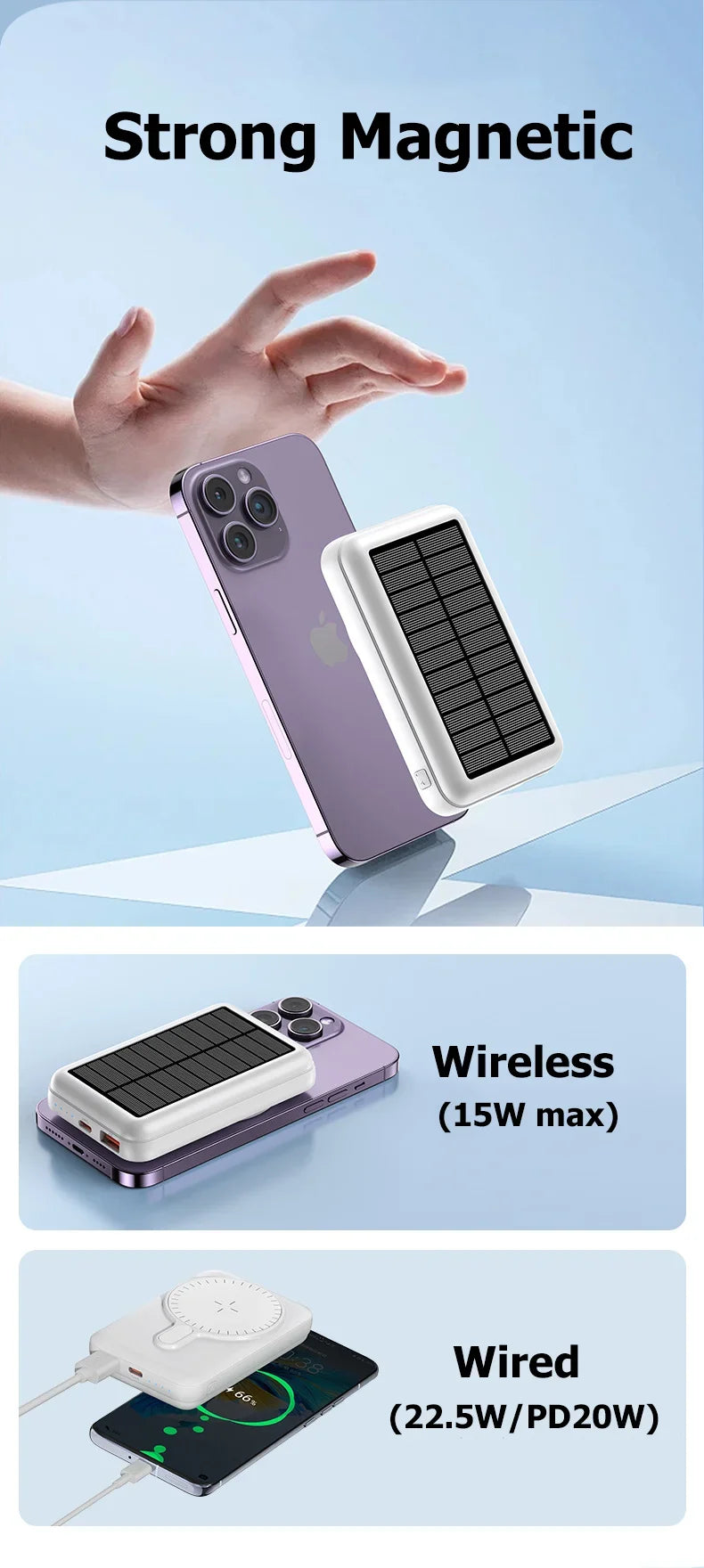 Magnetic 10000mAh Wireless Solar Power Bank with Fast Charging and USB C