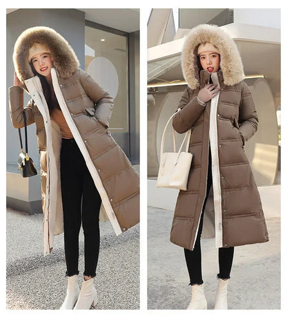 Extra Long Padded Parka with Faux Fur Collar Loose Fit