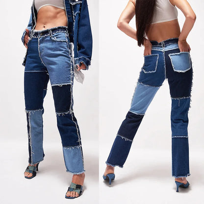 Jeans Women Straight blue pants Patchwork