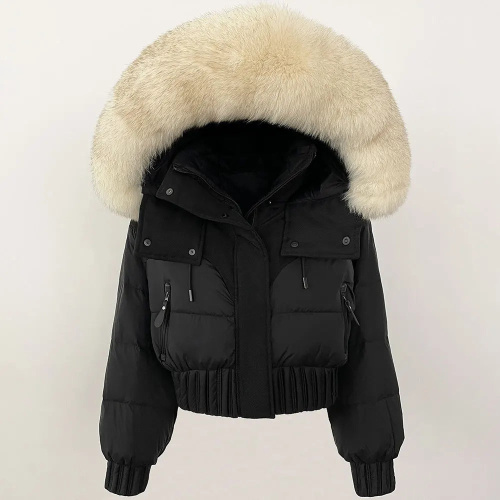 Short Hooded Down Coat with Real Raccoon Fox Fur Collar Warm and Casual