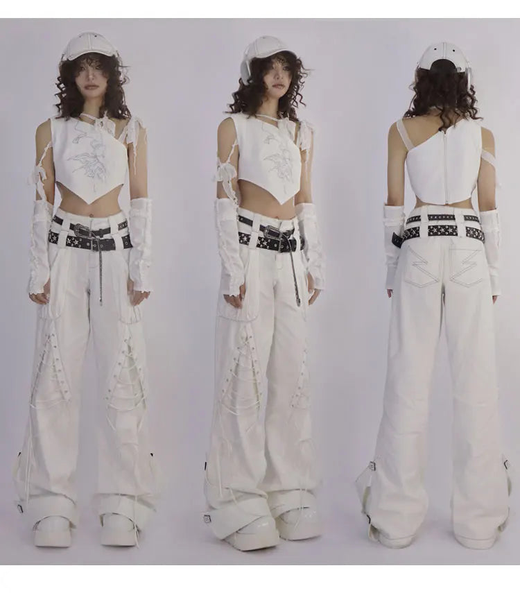 Y2K Low Waist White Jeans with Bandage Detail and Baggy Fit