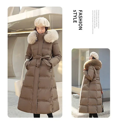 Extra Long Padded Parka with Faux Fur Collar Loose Fit