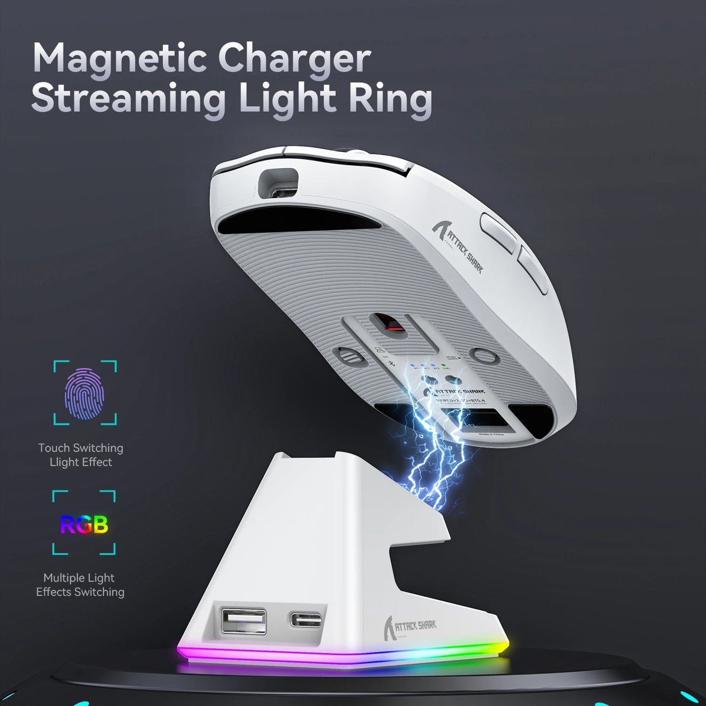 Shark X6 PAW3395 Bluetooth-mus, Tri-Mode Connection, RGB Touch Magnetic Charging Base