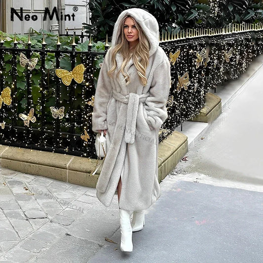 Belted Faux Mink Fur Coat with Hood Gradient and Luxurious