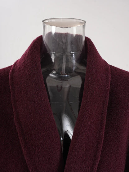 Wine Red Woolen Coat with Fur Cuffs and Belted Design