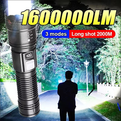 1600000 LM Super Ljus Ficklampa USB Uppladdningsbar LED Long Range Taktisk Ficklampa Utomhus Vattentät Camping Fiske Lykta