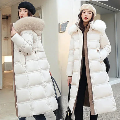 Extra Long Padded Parka with Faux Fur Collar Loose Fit