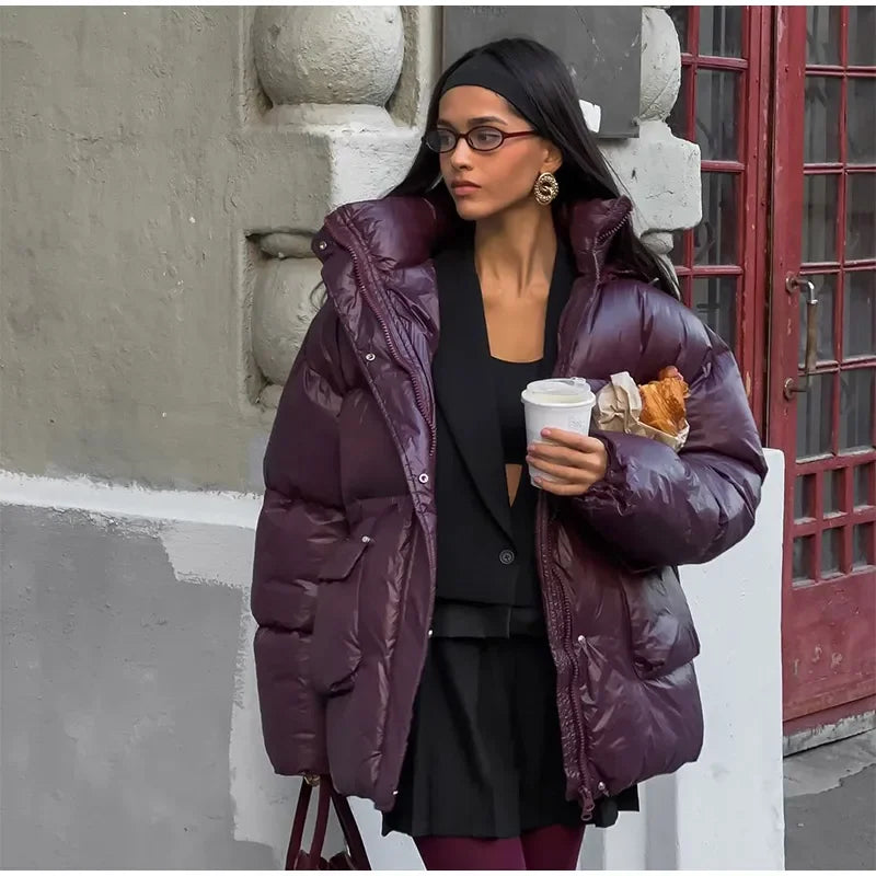 Burgundy Down Jacket with Stand Collar and Pockets Elegant and Warm