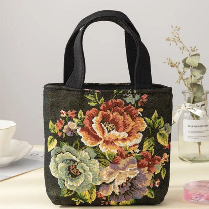 Embroidered Canvas Tote Bag – Cute Cat & Flowers Design, Fashionable Small Shoulder Bag, Traveling Pouch Handbag