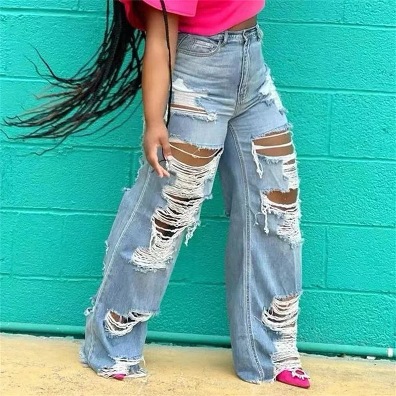 High Waist Straight Jeans with Large Front and Back Holes Trendy and Casual